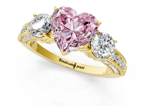 Yellow gold Fancy Pink Heart Cut Three-Stone Diamond Ring with Pavé Band and Four-Prong Setting_1