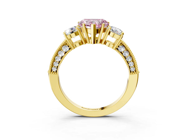 Yellow gold Fancy Pink Heart Cut Three-Stone Diamond Ring with Pavé Band and Four-Prong Setting