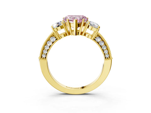 Yellow gold Fancy Pink Heart Cut Three-Stone Diamond Ring with Pavé Band and Four-Prong Setting_3