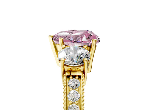 Yellow gold Fancy Pink Heart Cut Three-Stone Diamond Ring with Pavé Band and Four-Prong Setting_5