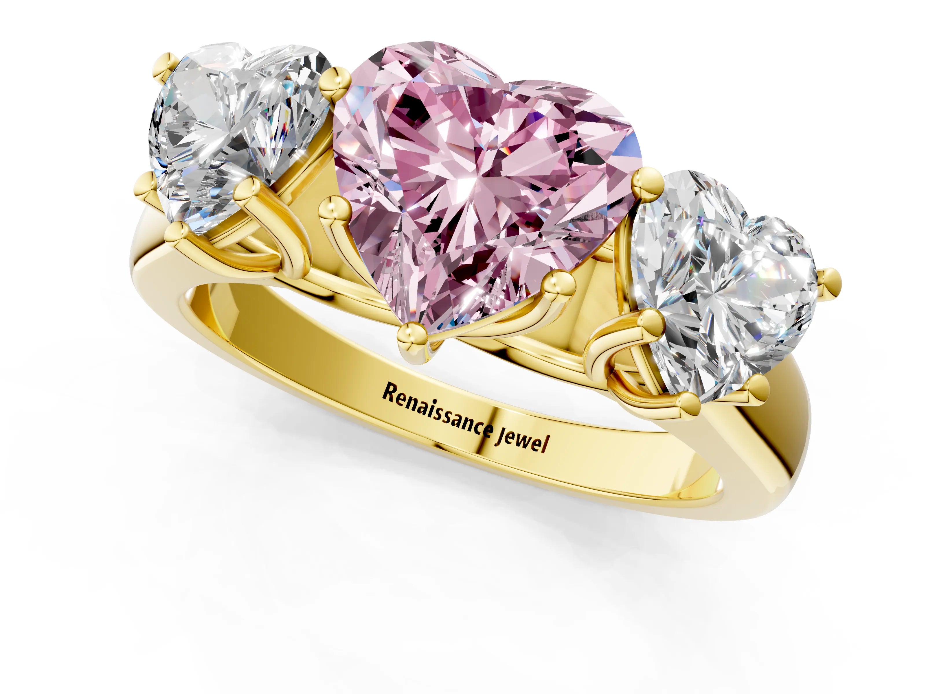 Yellow gold Fancy Pink Heart Cut Three-Stone Diamond Ring with Prong Setting on a Classic Band_1
