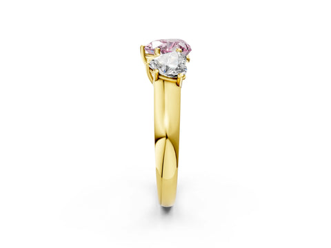 Yellow gold Fancy Pink Heart Cut Three-Stone Diamond Ring with Prong Setting on a Classic Band_2