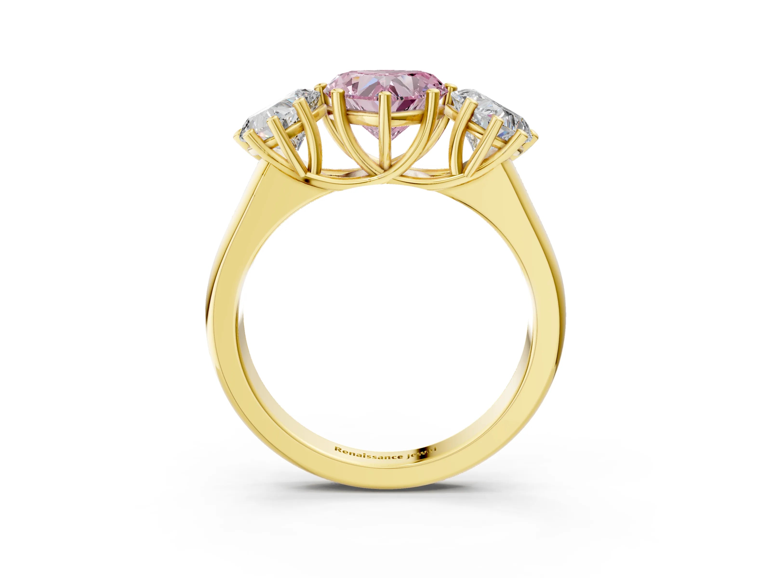 Yellow gold Fancy Pink Heart Cut Three-Stone Diamond Ring with Prong Setting on a Classic Band_3