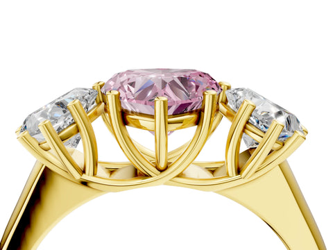 Yellow gold Fancy Pink Heart Cut Three-Stone Diamond Ring with Prong Setting on a Classic Band_4