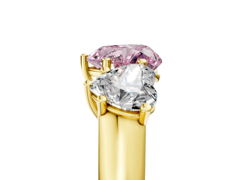 Yellow gold Fancy Pink Heart Cut Three-Stone Diamond Ring with Prong Setting on a Classic Band_5