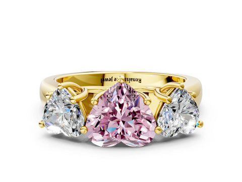 Yellow gold Fancy Pink Heart Cut Three-Stone Diamond Ring with Prong Setting on a Classic Band