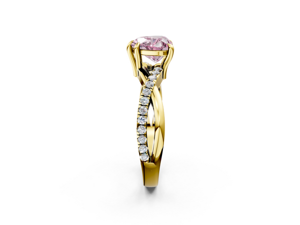 Yellow gold Fancy Pink Heart  Cut Twist Band Solitaire Diamond Ring with Pavé Setting