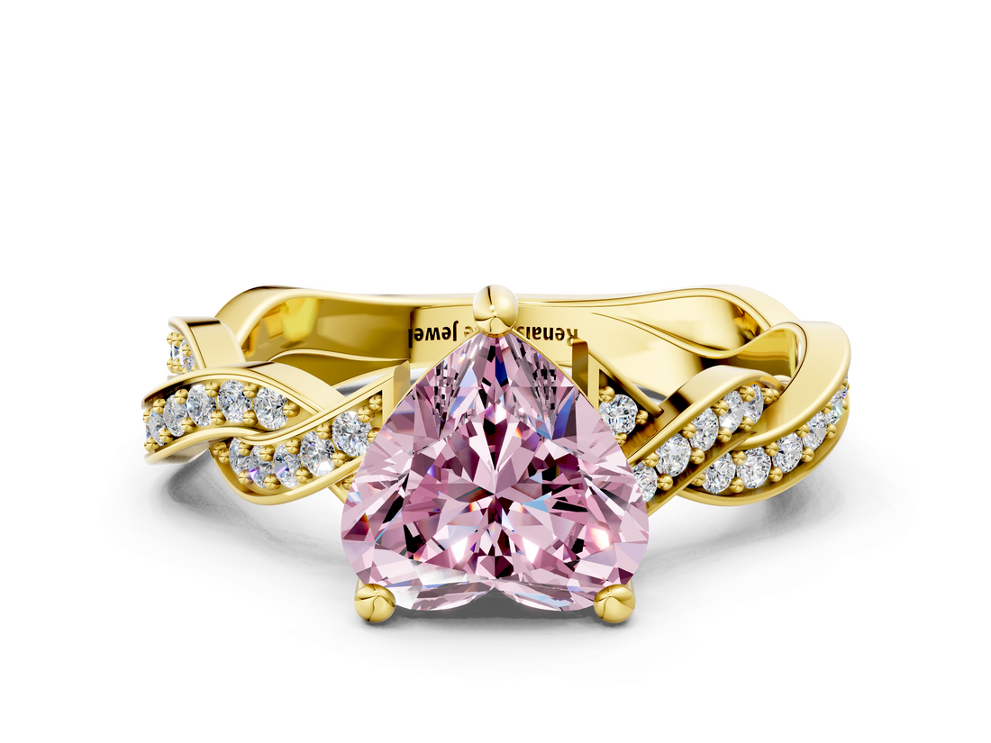 Yellow gold Fancy Pink Heart  Cut Twisted Pavé Band Solitaire Ring with Four-Prong Setting_55