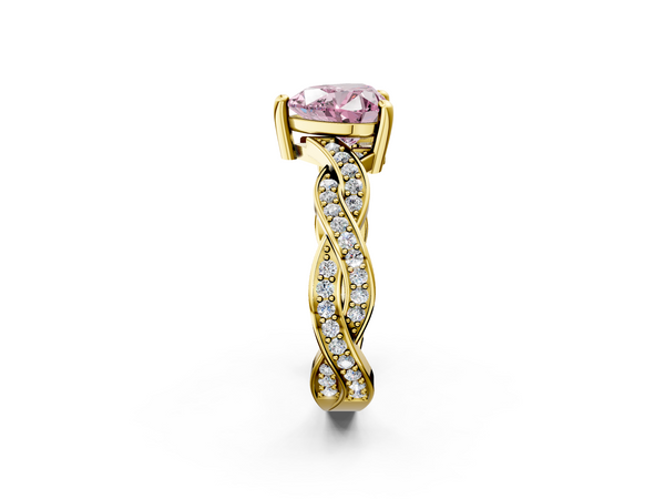 Yellow gold Fancy Pink Heart  Cut Twisted Pavé Band Solitaire Ring with Four-Prong Setting