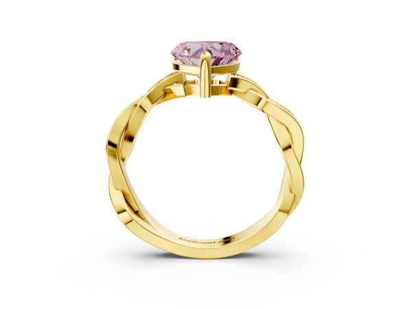Yellow gold Fancy Pink Heart  Cut Twisted Pavé Band Solitaire Ring with Four-Prong Setting