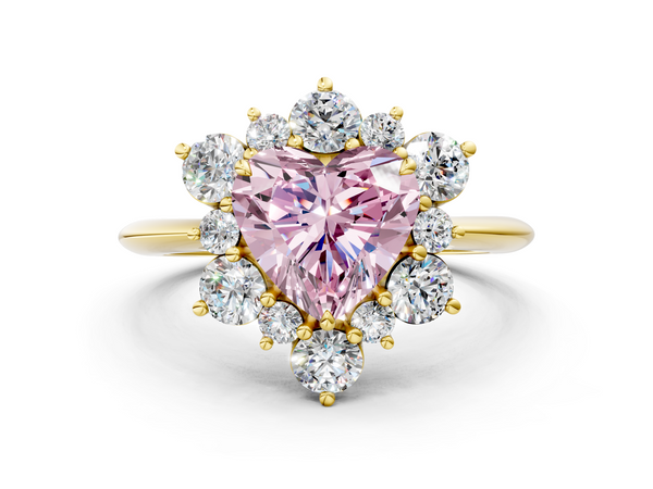 Yellow gold Fancy Pink Heart  Diamond Cluster Halo Ring with Solitaire Band and Four-Prong Setting