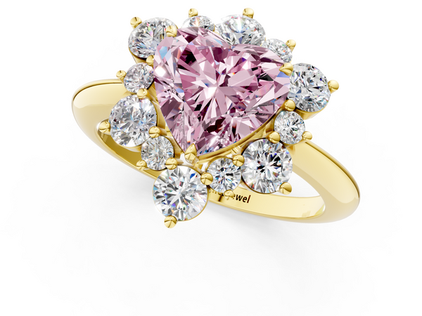 Yellow gold Fancy Pink Heart  Diamond Cluster Halo Ring with Solitaire Band and Four-Prong Setting
