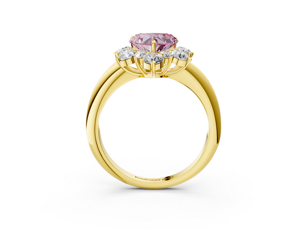 Yellow gold Fancy Pink Heart  Diamond Cluster Halo Ring with Solitaire Band and Four-Prong Setting
