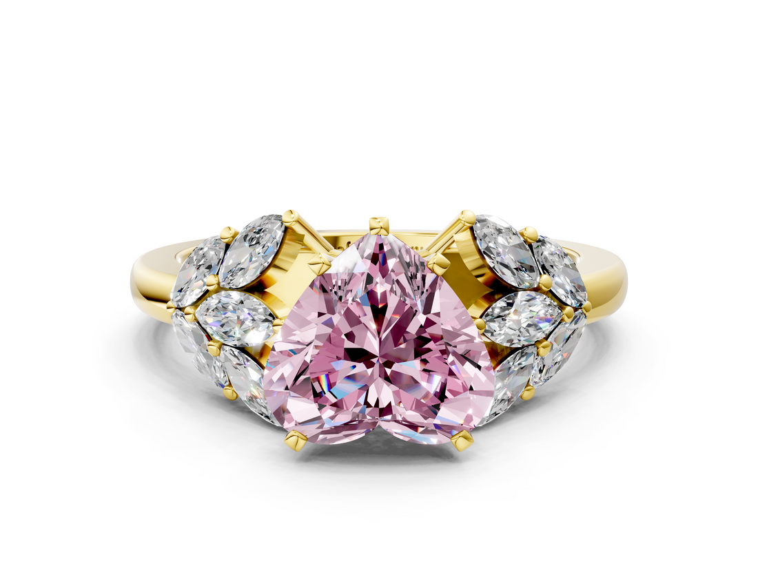 Yellow gold Fancy Pink Heart  Diamond Cluster Leaf Design Ring with Prong Setting_68