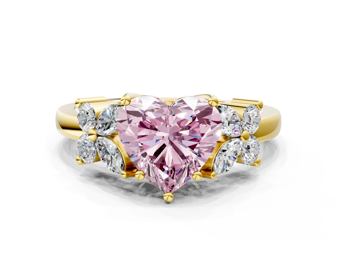 Yellow gold Fancy Pink Heart  Diamond Floral Cluster Ring with Solitaire Band and Prong Setting_26