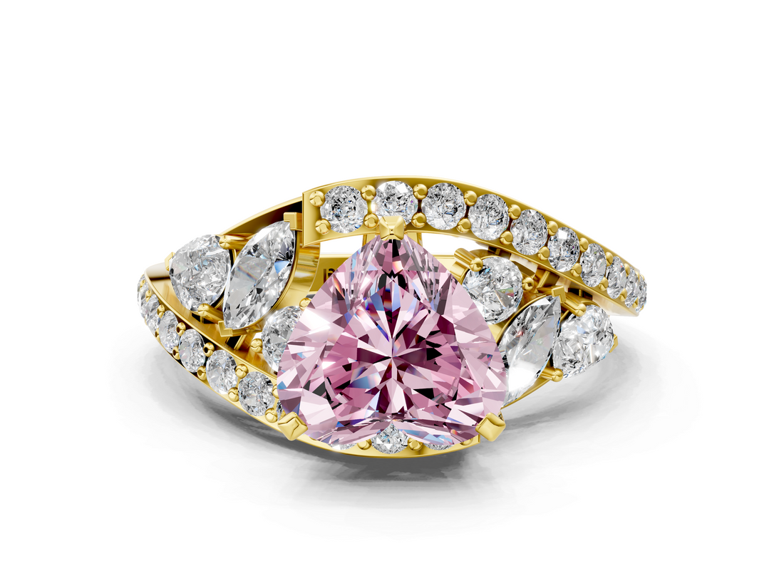 Yellow gold Fancy Pink Heart  Diamond Halo Ring with Marquise and Pavé Band in Prong Setting_71