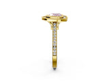 Yellow gold Fancy Pink Heart  Diamond Halo Ring with Milgrain Frame and Pavé Band 2