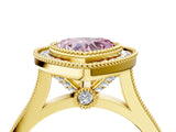 Yellow gold Fancy Pink Heart  Diamond Halo Ring with Milgrain Frame and Pavé Band 4