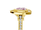 Yellow gold Fancy Pink Heart  Diamond Halo Ring with Milgrain Frame and Pavé Band 5