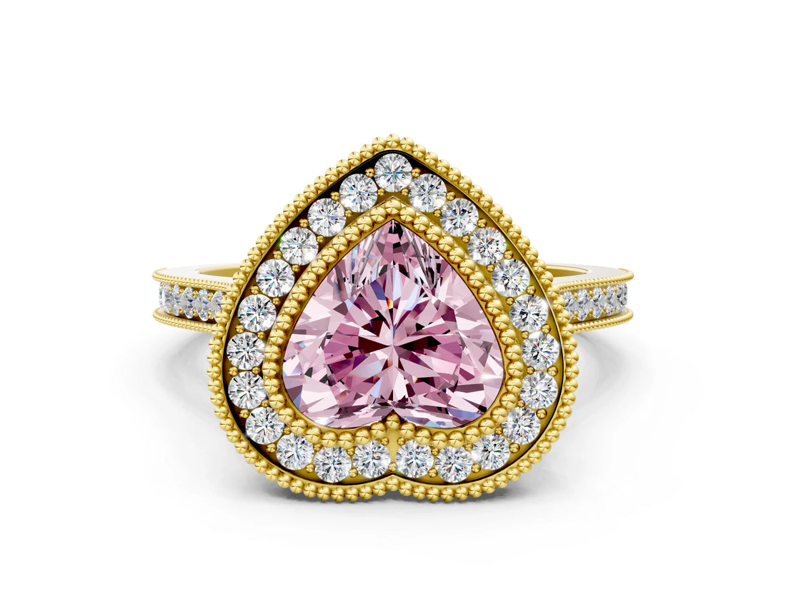 Yellow gold Fancy Pink Heart  Diamond Halo Ring with Milgrain Frame and Pavé Band