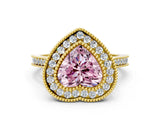 Yellow gold Fancy Pink Heart  Diamond Halo Ring with Milgrain Frame and Pavé Band