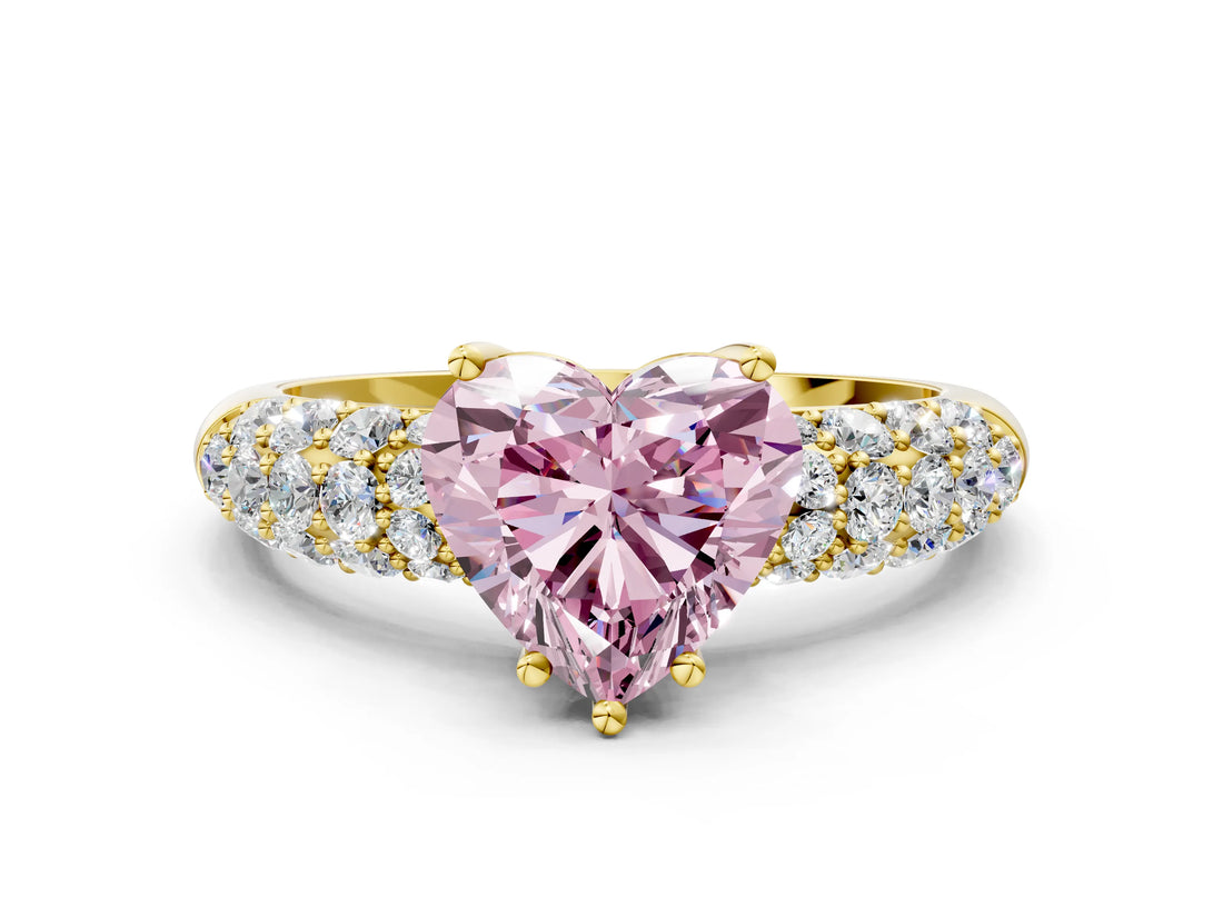 Yellow gold Fancy Pink Heart  Diamond Pavé Band Solitaire Ring with Four-Prong Setting_49