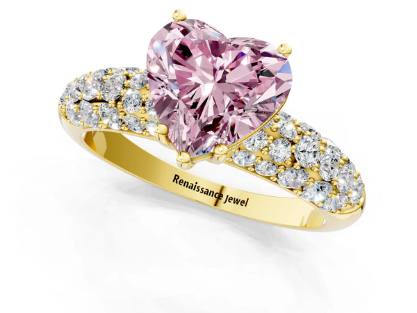 Yellow gold Fancy Pink Heart  Diamond Pavé Band Solitaire Ring with Four-Prong Setting