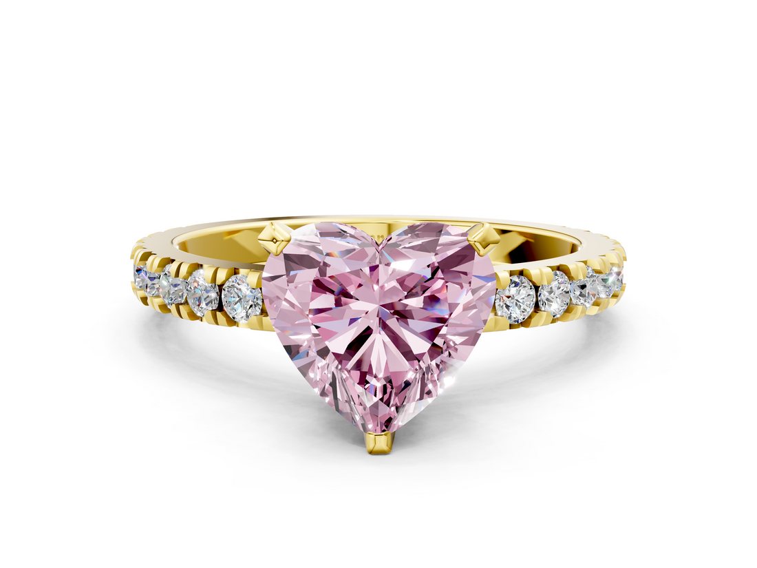 Yellow gold Fancy Pink Heart  Diamond Pavé Band Solitaire with Four-Prong Setting_184