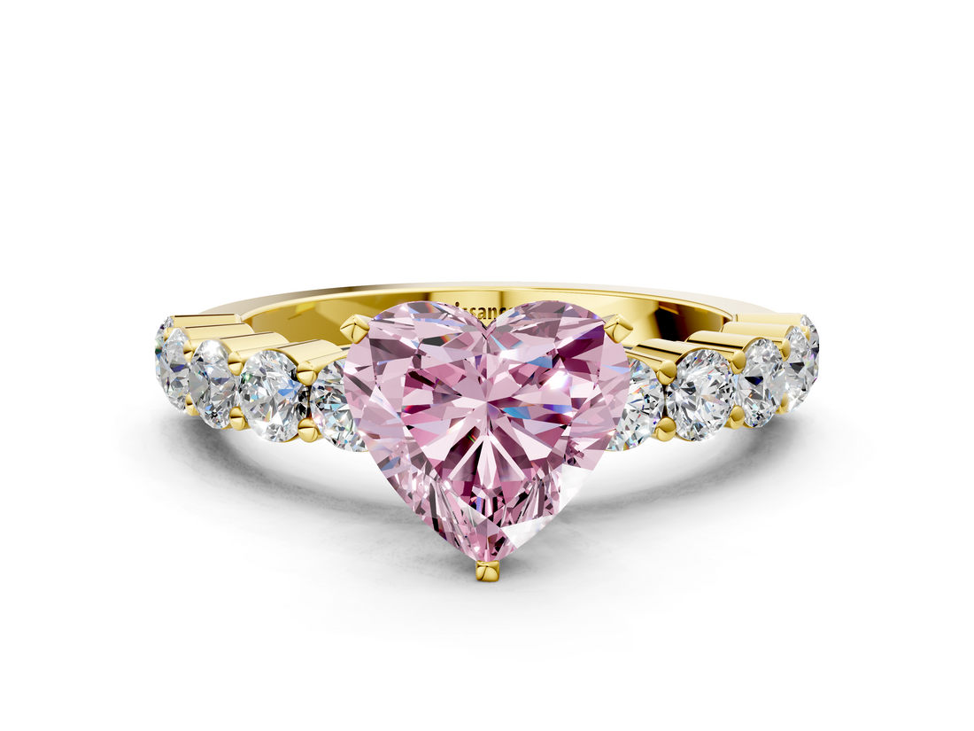 Yellow gold Fancy Pink Heart  Diamond Pavé Band Solitaire with Four-Prong Setting_3