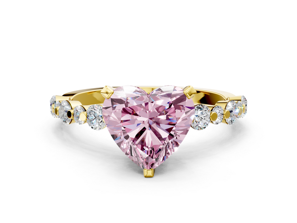 Yellow gold Fancy Pink Heart Cut Diamond Prong Set Engagement Ring with Pavé Band
