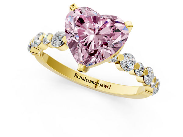 Yellow gold Fancy Pink Heart Cut Diamond Prong Set Engagement Ring with Pavé Band