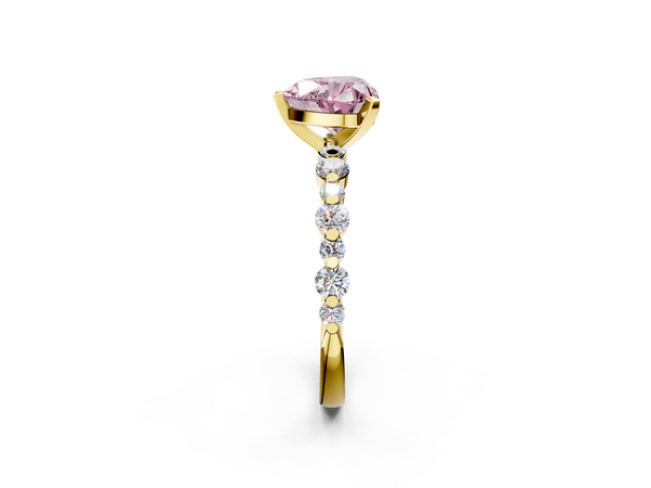 Yellow gold Fancy Pink Heart Cut Diamond Prong Set Engagement Ring with Pavé Band