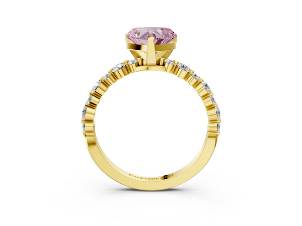 Yellow gold Fancy Pink Heart Cut Diamond Prong Set Engagement Ring with Pavé Band