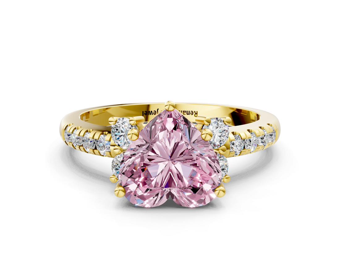 Yellow gold Fancy Pink Heart  Diamond Three-Stone Pave Band with Four-Prong Setting_20