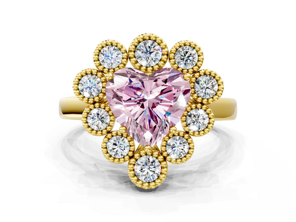 Yellow gold Fancy Pink Heart  Halo Diamond Cluster Engagement Ring with Milgrain Bezel Setting and Solitaire Band