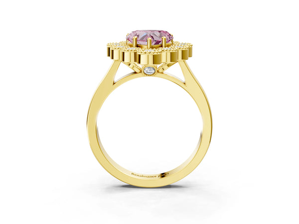 Yellow gold Fancy Pink Heart  Halo Diamond Cluster Engagement Ring with Milgrain Bezel Setting and Solitaire Band