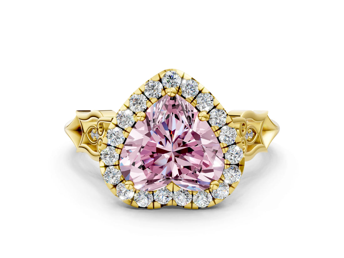 Yellow gold Fancy Pink Heart  Halo Diamond Engagement Ring with Filigree Band and Four-Prong Setting_81