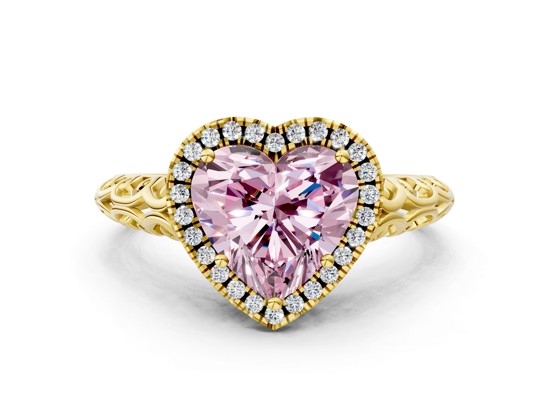 Yellow gold Fancy Pink Heart  Halo Diamond Engagement Ring with Intricate Filigree Band and Four-Prong Setting_37