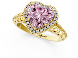 Yellow gold Fancy Pink Heart  Halo Diamond Engagement Ring with Intricate Filigree Band and Four-Prong Setting_38