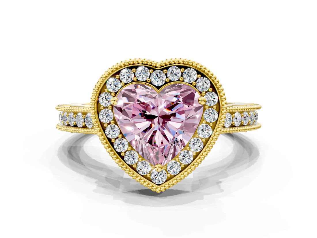 Yellow gold Fancy Pink Heart  Halo Diamond Engagement Ring with Milgrain Pave Band and Four-Prong Setting_15