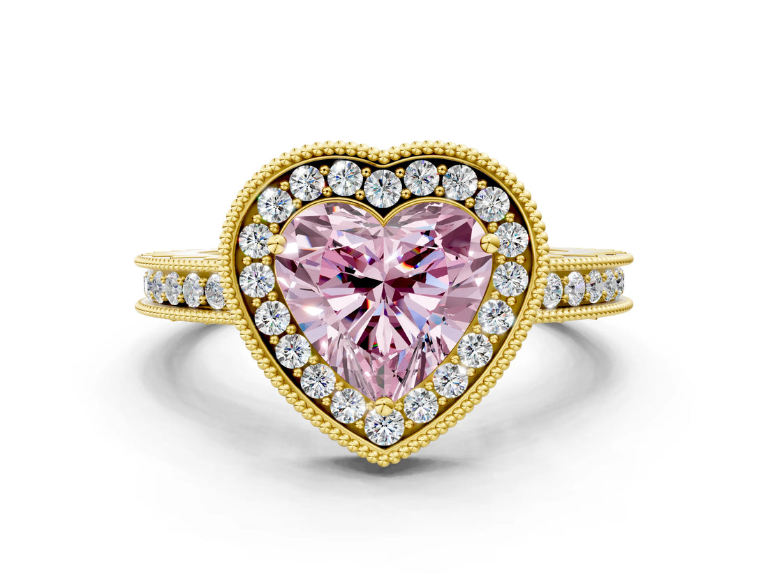 Yellow gold Fancy Pink Heart  Halo Diamond Engagement Ring with Milgrain Pave Band and Four-Prong Setting_57