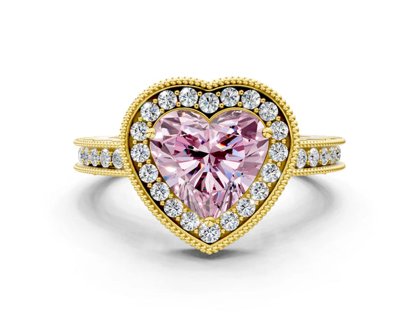 Yellow gold Fancy Pink Heart  Halo Diamond Engagement Ring with Milgrain Pave Band and Four-Prong Setting
