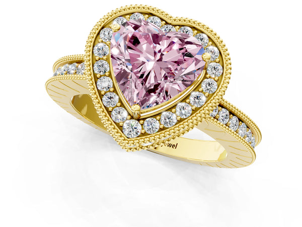 Yellow gold Fancy Pink Heart  Halo Diamond Engagement Ring with Milgrain Pave Band and Four-Prong Setting