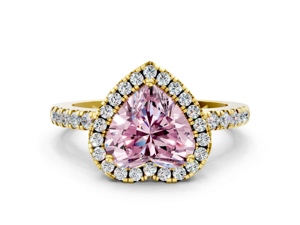 Yellow gold Fancy Pink Heart  Halo Diamond Engagement Ring with Pavé Band and Four-Prong Setting