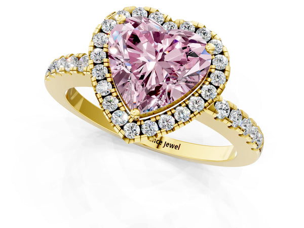 Yellow gold Fancy Pink Heart  Halo Diamond Engagement Ring with Pavé Band and Four-Prong Setting