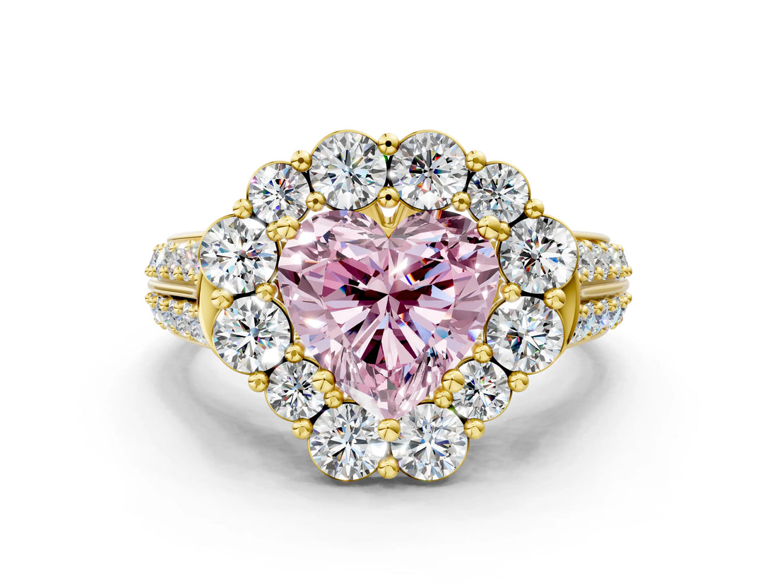 Yellow gold Fancy Pink Heart  Halo Diamond Engagement Ring with Split Shank and Prong Setting_66