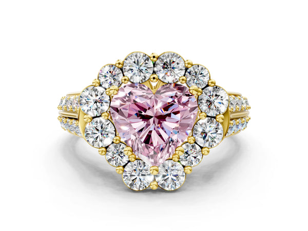 Yellow gold Fancy Pink Heart  Halo Diamond Engagement Ring with Split Shank and Prong Setting