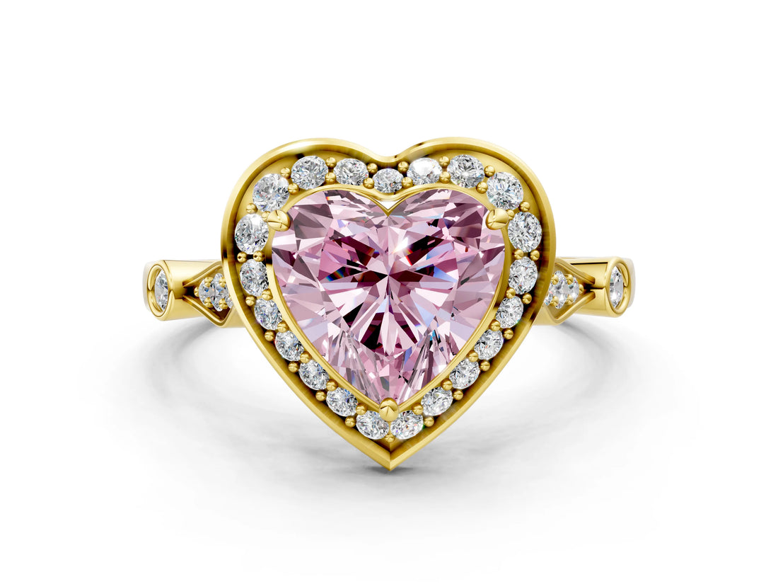 Yellow gold Fancy Pink Heart  Halo Diamond Engagement Ring with Twisted Band and Four-Prong Setting