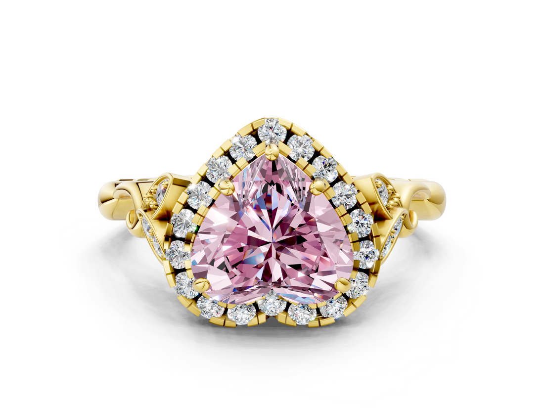 Yellow gold Fancy Pink Heart  Halo Diamond Engagement Ring with Vintage-Inspired Band and Four-Prong Setting_3