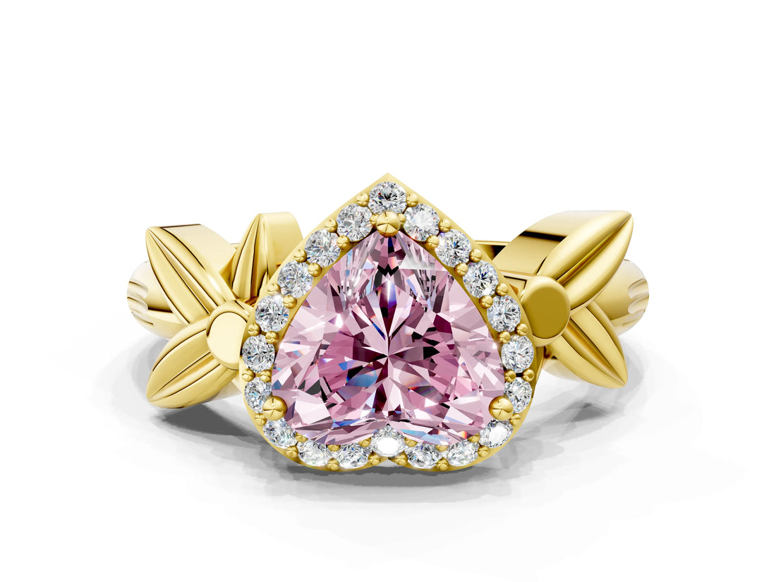 Yellow gold Fancy Pink Heart  Halo Diamond Floral Band with Four-Prong Setting_55